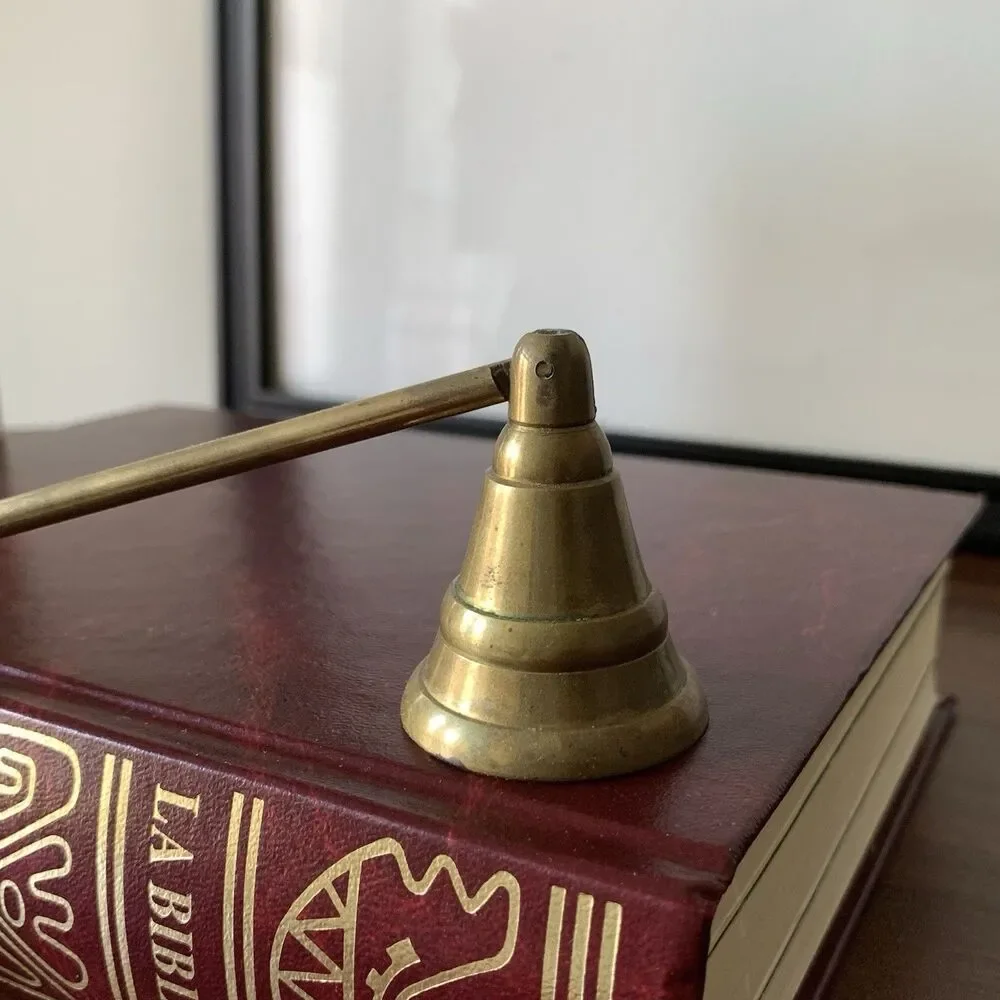 Antique Brass Bell Hinge Candle Snuffer Wooden Handle Patina Vintage Unique 13”